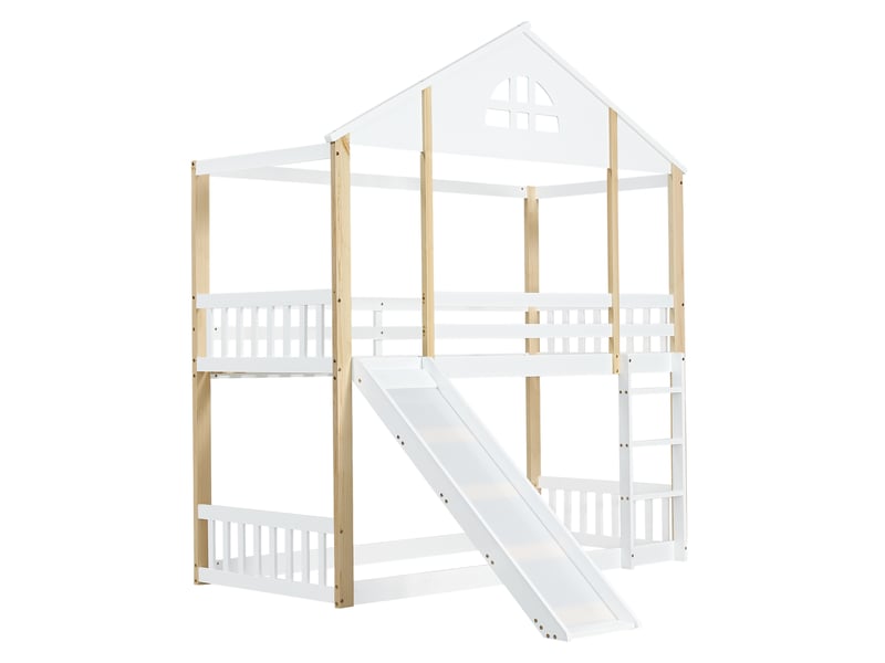  Lit cabane 90x200 cm en bois massif blanc naturel avec fenêtres, échelle coulissante, toboggan et barrières de sécurité  - Conforama A
