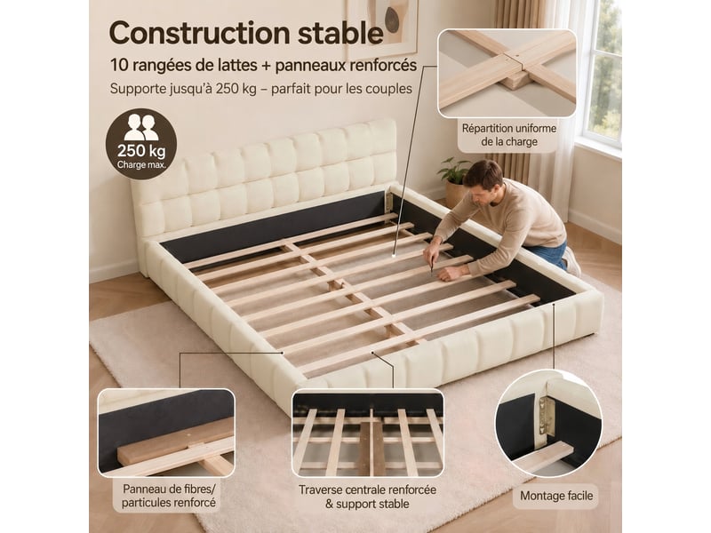  Kefsr lit capitonné 160x200 cm - cadre de lit double rembourré en tissu coton-lin beige avec sommier à lattes et tête de lit matelassée design moderne  - Conforama W