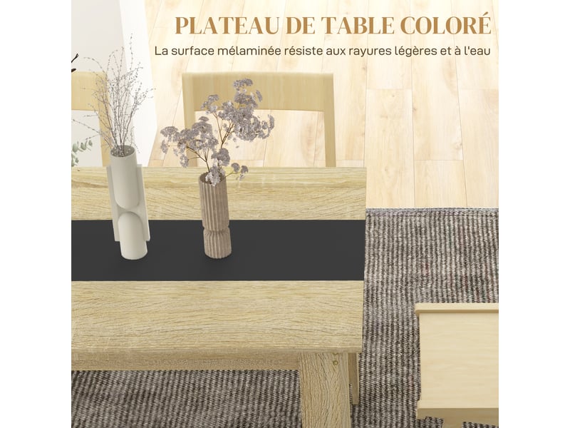 Table de salle à manger pour 6 personnes en aspect bois naturel et noir, dim. 140l x 90l x 75h cm - Conforama E