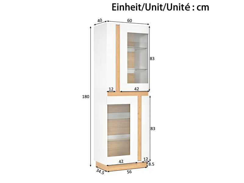  Vitrine 60x40x180 cm blanche et naturelle avec led, 2 portes vitrées  - Conforama C