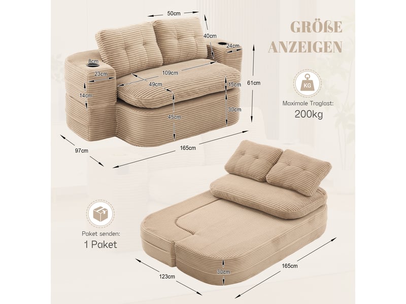  Canapé convertible, canapé-lit, en velours tricoté, kaki, porte-gobelets, assise profonde, pliable, 2 en 1  - Conforama R