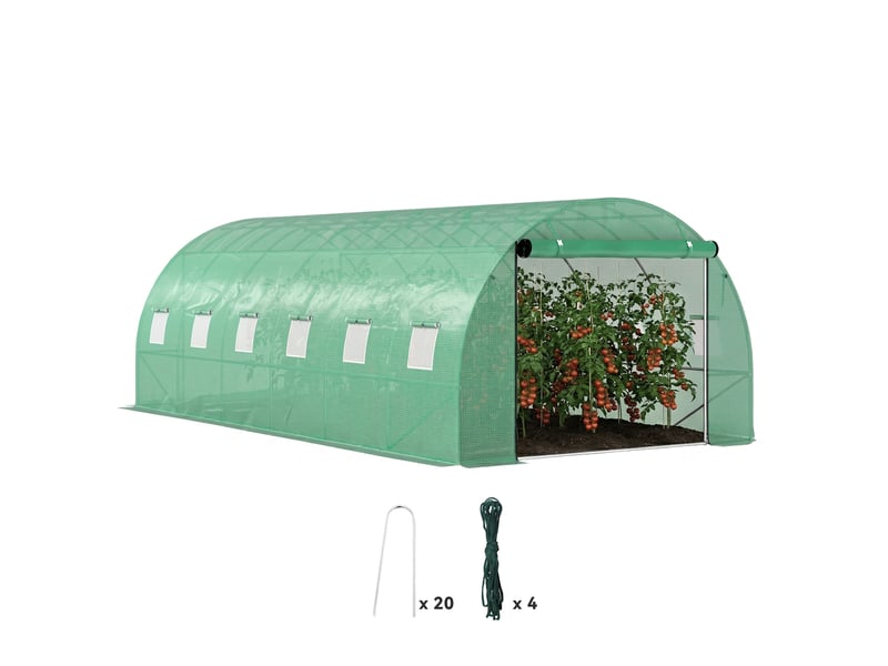  Serre tunnel en polyéthylène avec couverture plastique et structure en acier, tente de serre accessible à pied avec portes enroulables, verte  - Conforama A