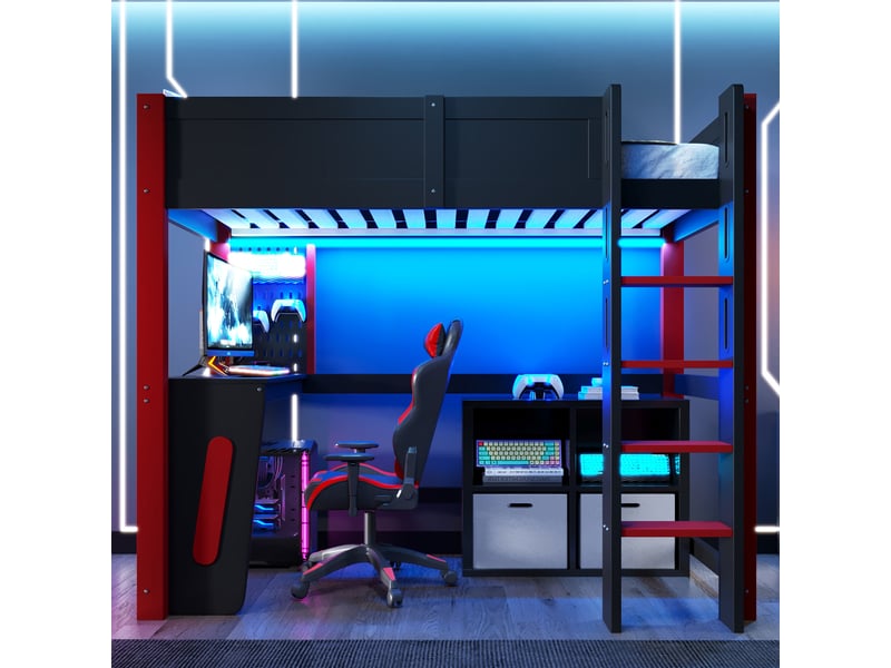  Lit mezzanine enfant 90x200 cm lit adolescent lit simple en bois avec bureau panneau perforé bande led barrières, noir  - Conforama D