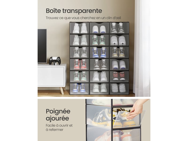 Boîtes à chaussures, organisateurs en plastique, avec porte, lot de 18, empilables, montage facile, 33,2 x 23 x 14,5 cm, pour pointure jusqu'à 43, transparentes et noir d'encre  - Conforama D