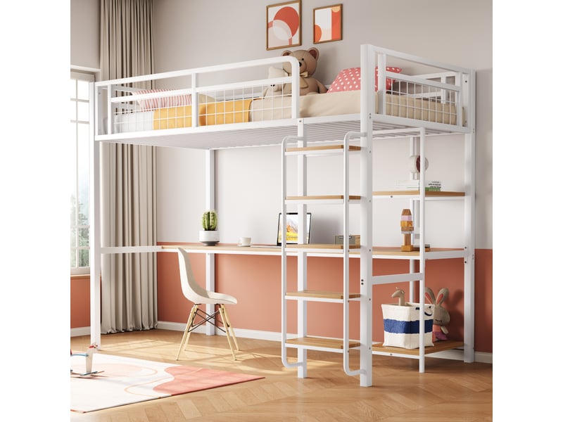  Lit mezzanine enfant 90x200 cm avec table, étagère, garde-corps, escalier, sommier, métal blanc, sans matelas  - Conforama W
