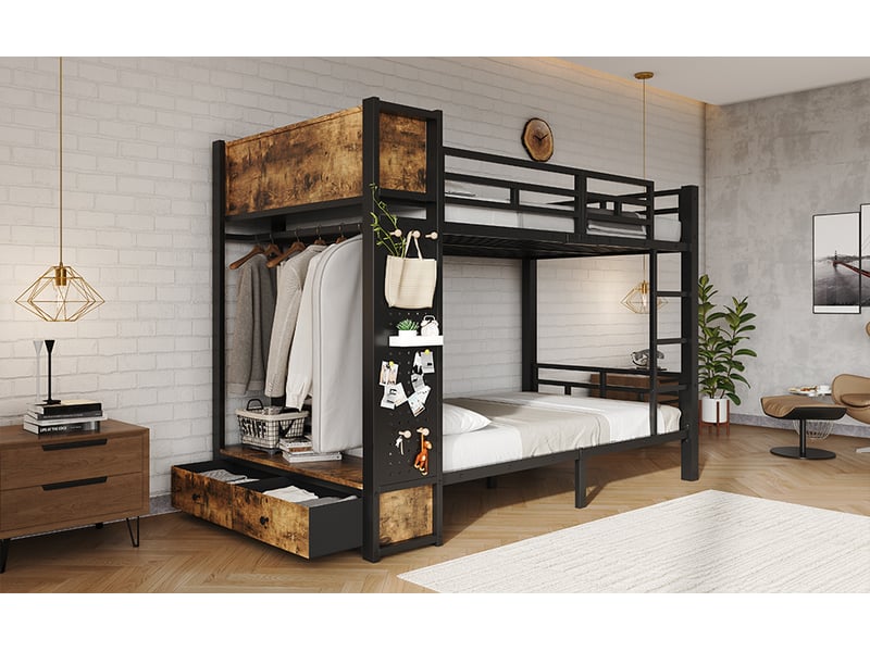  Lit superposé enfant 120 × 200 cm avec rangement, penderie et tiroir – noir et noyer foncé  - Conforama B