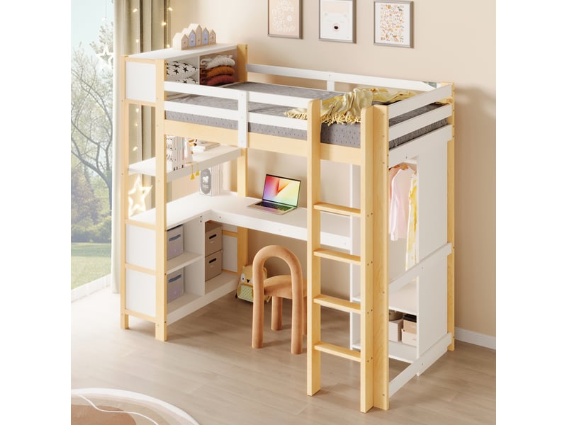  Lit mezzanine 90x200 cm avec bureau, étagères, armoire, sans matelas, naturel, rangement pour enfant sûr  - Conforama D