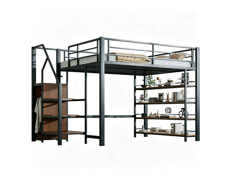  Lit mezzanine 140 × 200 cm 2 places avec escalier à tiroirs, armoire et étagères, sans matelas, métal noir  - Conforama A