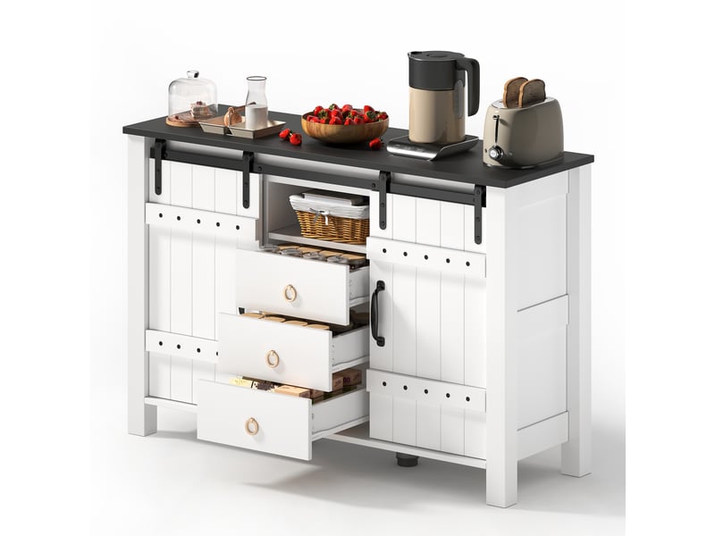 Buffet de cuisine 120 cm blanc rustique, meuble de rangement avec portes coulissantes et 3 tiroirs pour salle à manger - Conforama A