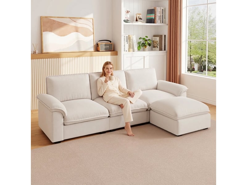  Canapé d'angle modulable en chenille beige avec ottomane déplaçable 257 x 128 x 90 cm, 4 places  - Conforama R