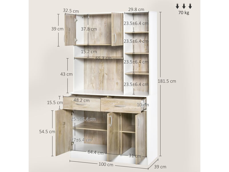  Buffet de cuisine, portes de tiroirs et compartiments ouverts, 100 cm (l) x 39 cm (p) x 181,5 cm (h), blanc et bois  - Conforama E