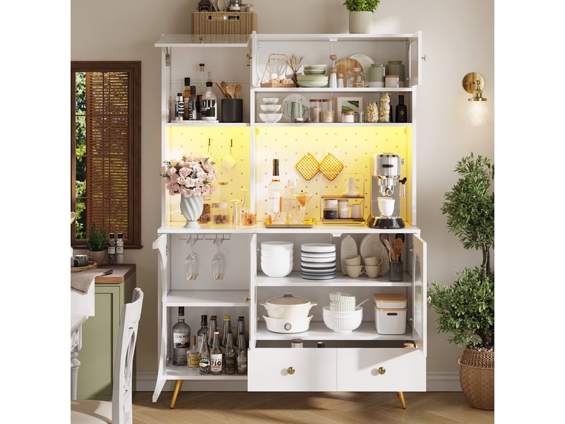  Buffet haut de cuisine blanc, meuble de rangement avec éclairage led, prises usb, panneau perforé et tiroirs, 120x40x176cm  - Conforama W