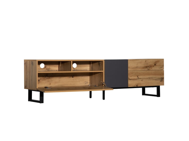  Meuble tv 180 x 38 x 50 cm en mdf, chêne et anthracite, 2 tiroirs, pieds métal  - Conforama A