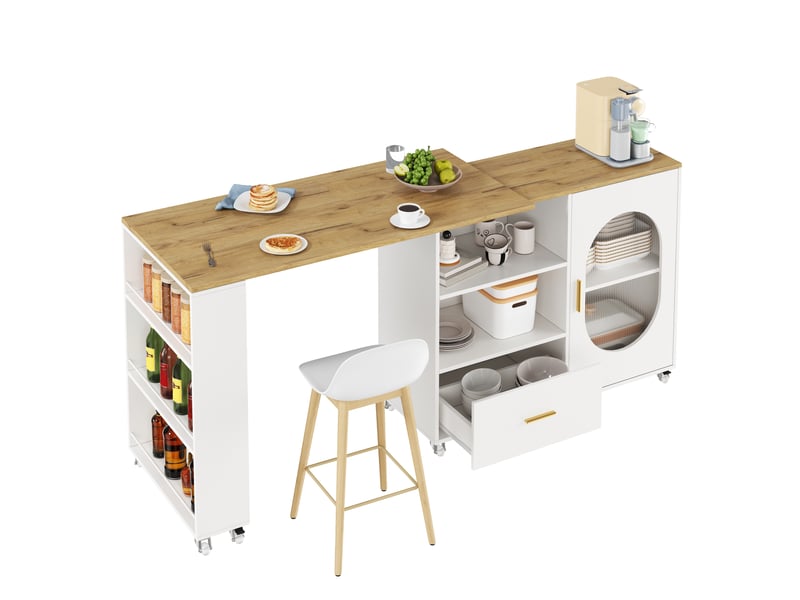  Îlot de cuisine - 120 x 60 x 90 cm - meuble de cuisine pivotant à 360° avec tiroir et porte en verre cannelé - naturel et blanc  - Conforama A