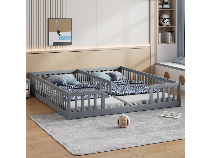  Lit enfant au sol 90x200 gris, lit pour deux enfants en bois avec barrière de sécurité, design minimaliste (sans matelas)  - Conforama R
