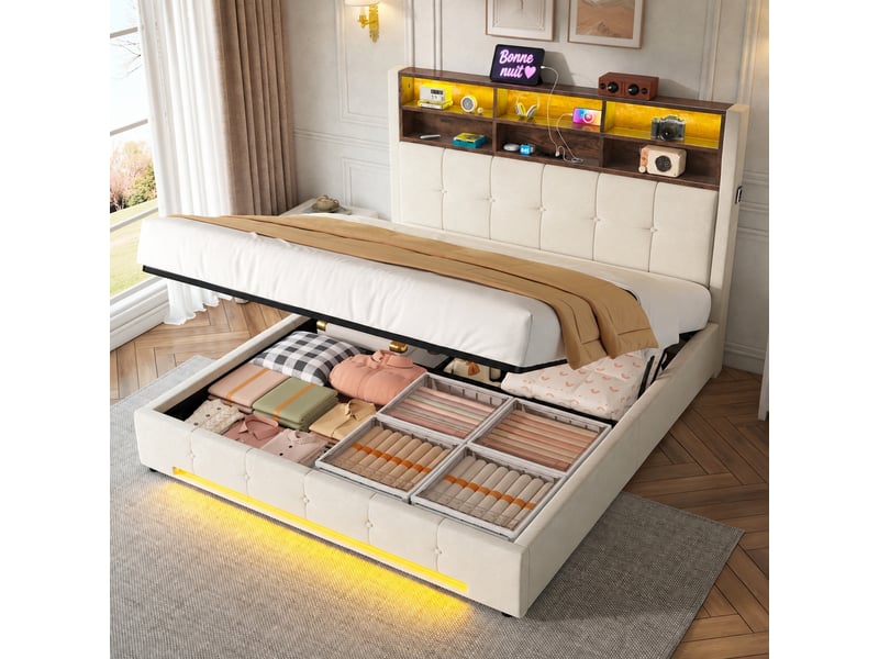  Lit coffre 160x200 en velours beige, ouverture hydraulique, tête de lit à 6 niches, usb-c et led  - Conforama D