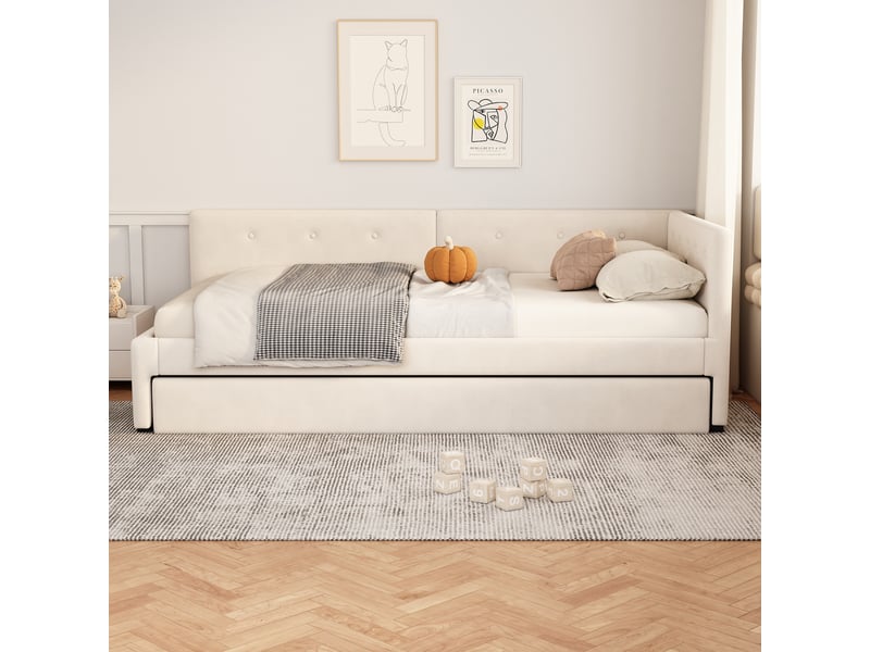  Lit banquette beige 90x200 cm avec lit gigogne, canapé-lit, style minimaliste, convertible  - Conforama B