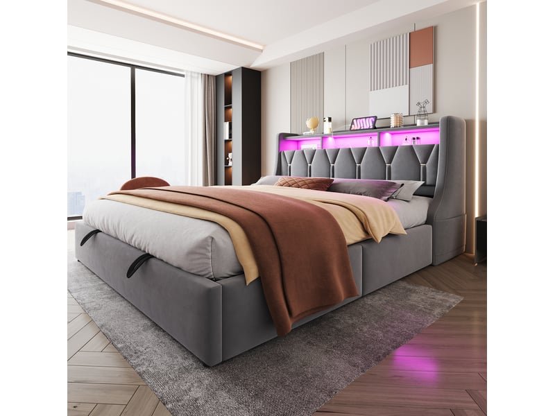  Lit coffre tcqpz 180 x 200 cm hydraulique led usb type-c velours gris  - Conforama E