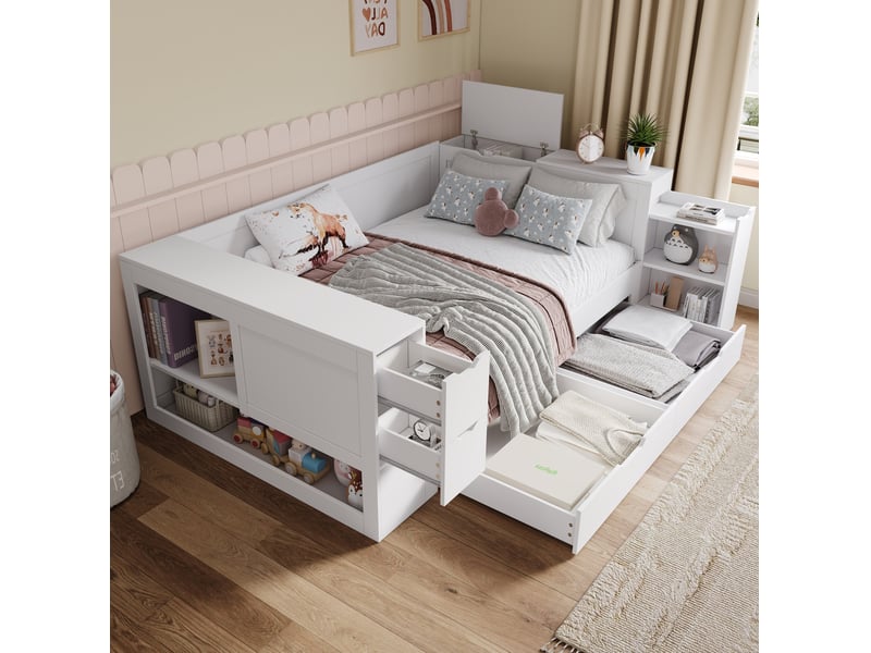 Lit enfant avec rangements et sommier à lattes 140x200 cm, mdf blanc - Conforama B