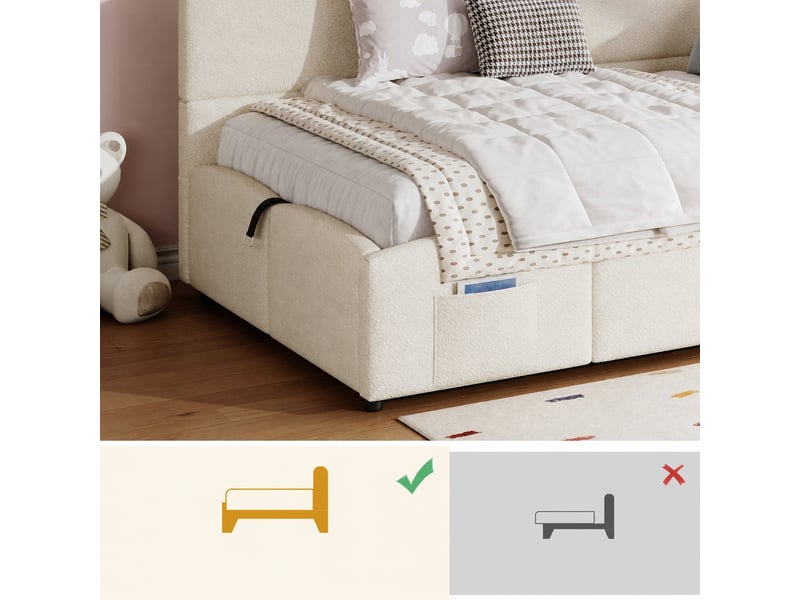  Lit coffre 90x200 cm avec sommier relevable hydraulique et usb, tissu bouclé beige  - Conforama R