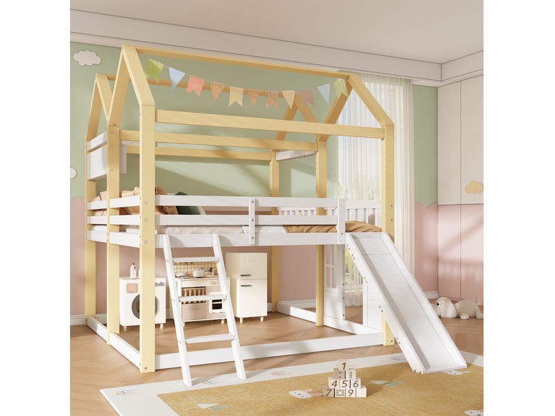  Lit mezzanine enfant 90x200 cm avec toboggan blanc et bois clair, espace de jeu modulable, sans matelas  - Conforama E