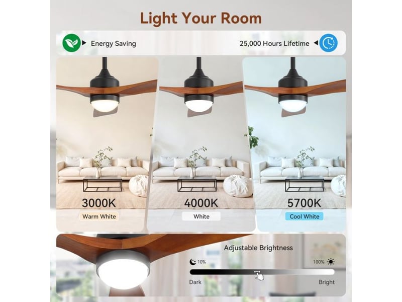  Ventilateur de plafond led 52 pouces avec éclairage 3 pales en bois massif, moteur dc, fonction mémoire, 6 vitesses  - Conforama D