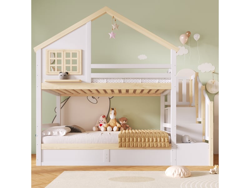  Lit superposé 90x200 cm, lit enfant, rangement hydraulique, bois de pin blanc et naturel, barrière antichute  - Conforama D