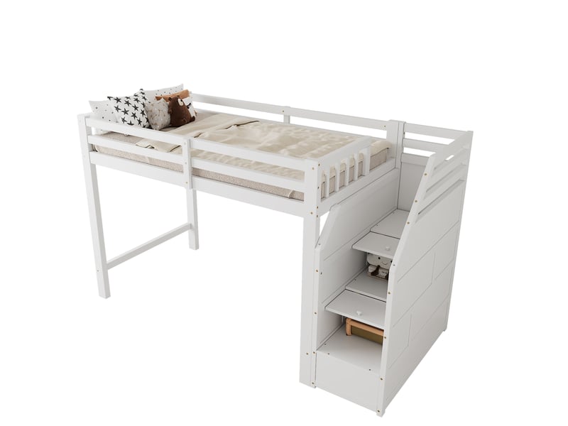  Lit mezzanine avec marches de rangement, blanc, 90x200 cm sans matelas  - Conforama E