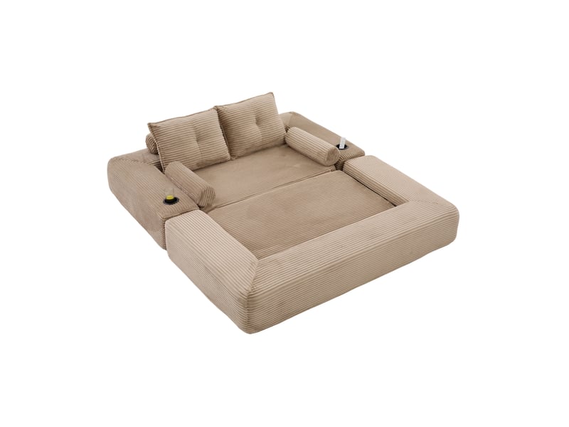 Canapé convertible 2 places avec poches latérales, porte-gobelet et coussins mémoire en velours côtelé kaki - Conforama A