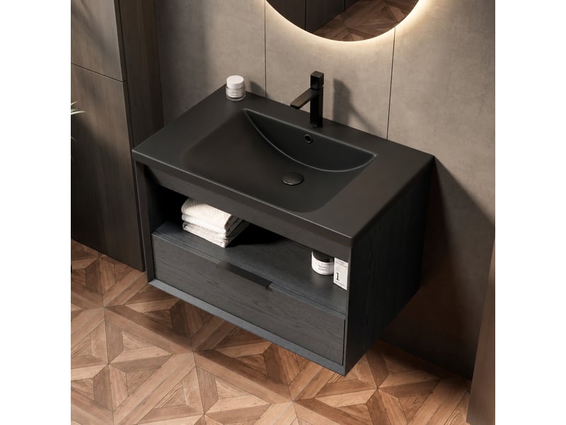  Meuble vasque suspendu 75 cm avec vasque intégrée en céramique noire mate, tiroir et étagère  - Conforama D