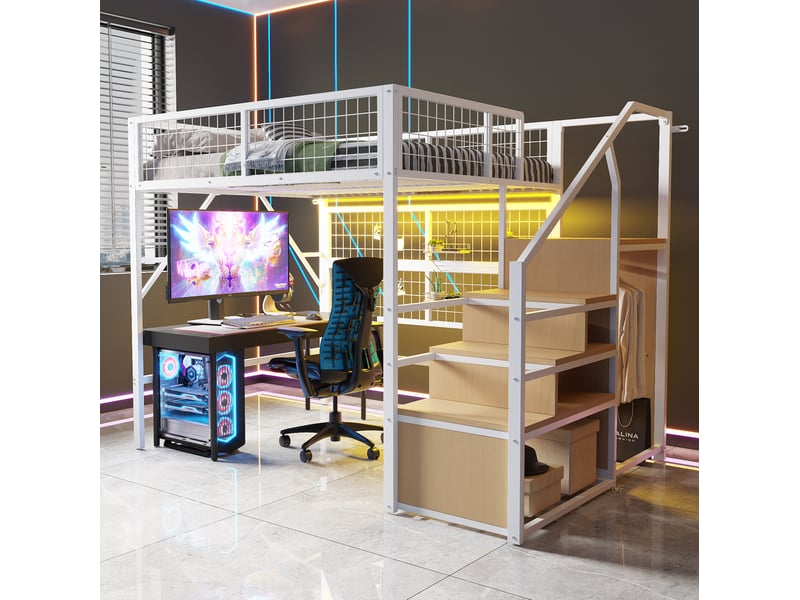  Lit mezzanine enfant et adolescent 140 x 200 cm blanc avec escalier de rangement et led pilotées par application  - Conforama D