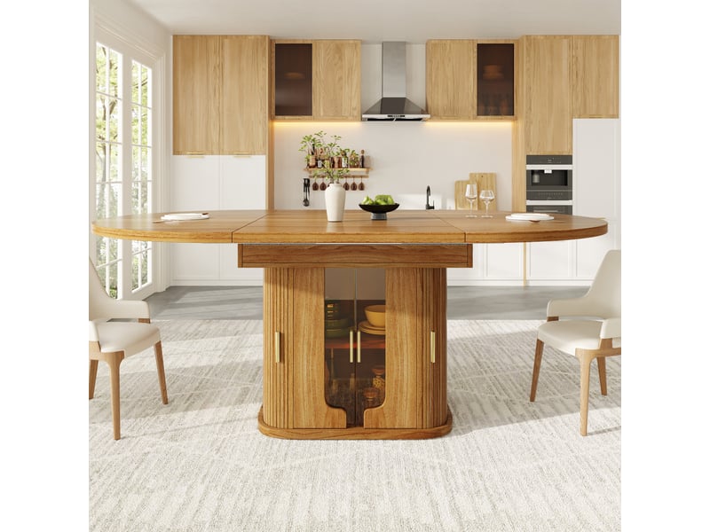  Table de salle à manger ronde, 118x118x77 cm, extensible 6 places pour 6 personnes, repas, pratique, mdf, coloris noyer  - Conforama E