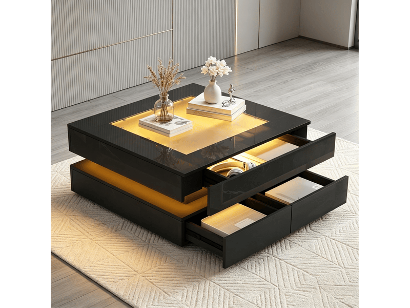  Table basse avec 3 tiroirs et éclairage led, finition brillante en verre et panneau de particules noir 70 × 70 × 35 cm  - Conforama B