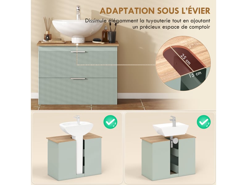  Meuble sous lavabo, meuble de salle de bain avec 2 tiroirs, 80 x 40 x 60 cm, style moderne, vert et bois naturel  - Conforama E