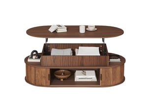 Table basse relevable ovale 100x50x40 cm - plateau hydraulique jusqu’à 55 cm, niches et portes coulissantes - mdf - noyer