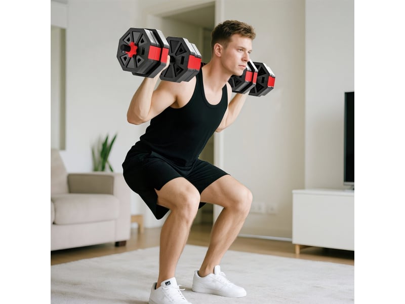 Set d'haltères 4 en 1, haltères réglables 20 kg pour musculation à domicile, rouge  - Conforama B