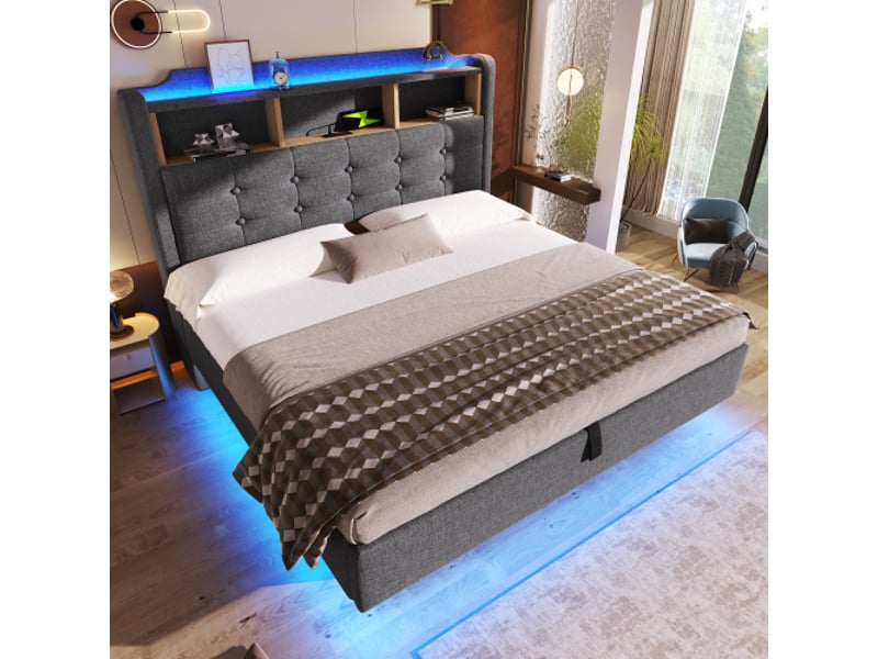  Lit capitonné 140x200 cm led, rangement hydraulique, design flottant, lin gris, usb et usb-c sans matelas  - Conforama B