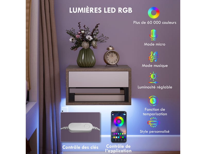 Lot de 2 tables de chevet suspendues avec éclairage led rgb contrôle par application, étagère, tiroir, teck, 37x32x21cm  - Conforama A