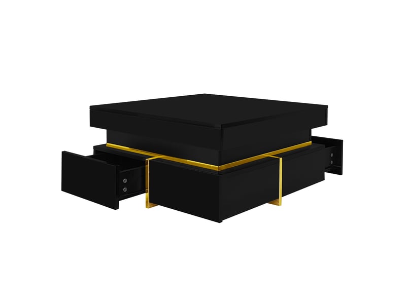  Table basse carrée 70 x 70 cm noire brillante, 2 tiroirs et accents dorés  - Conforama A