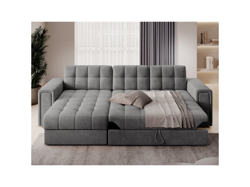  Canapé d'angle convertible kapitara gris capitonné réversible avec coffre de rangement  - Conforama B