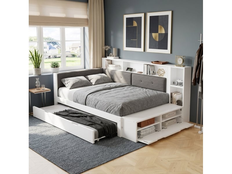  Lit 120x200 cm blanc et gris avec lit gigogne 90x190 cm, rangements et recharge  - Conforama D