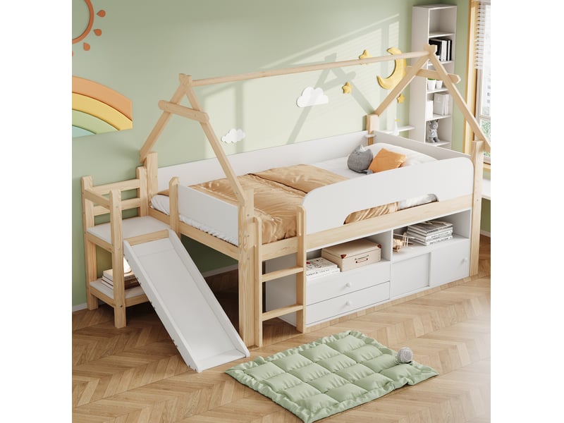  Lit enfant surélevé 90x200 cm, toit, toboggan, rangements, garde-corps, bois et mdf, naturel et blanc, sans matelas  - Conforama B