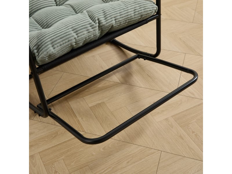 Fauteuil à bascule d’extérieur avec coussin épais et confortable, idéal pour salon, chambre et espace de lecture, structure noire avec coussin vert clair  - Conforama E