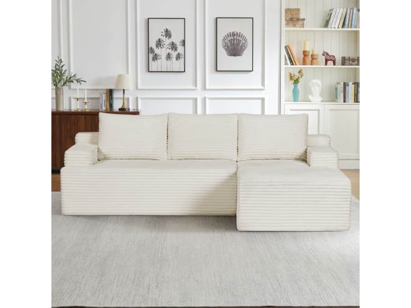  Canapé d’angle l (à droite) modulable 4 places 238 x 152 x 66 cm, assise profonde, convertible et sans montage, velours côtelé, beige OMNIGLINT TRADING LTD - Conforama B