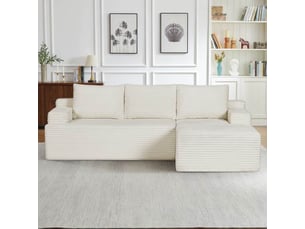 Canapé d’angle l (à droite) modulable 4 places 238 x 152 x 66 cm, assise profonde, convertible et sans montage, velours côtelé, beige