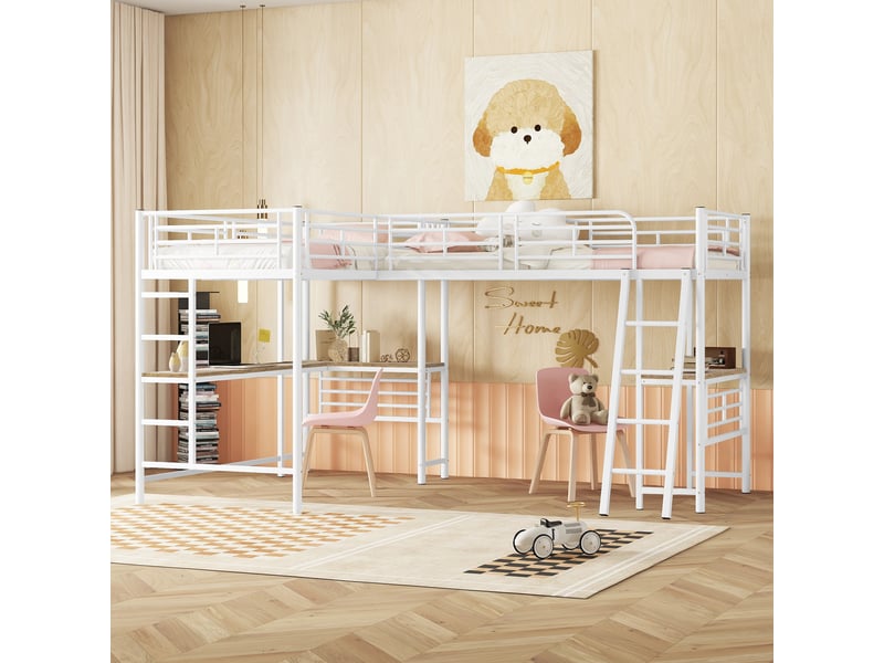  Lit mezzanine 90×200 cm avec double escalier et table sous le lit, lit enfant avec garde-corps haut, deux lits superposés, blanc  - Conforama A