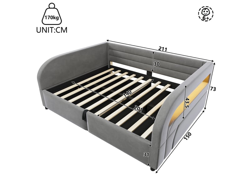 Lit coffre double 140×200 cm avec led rgb et rangement hydraulique - okmyhome- tissu gris, matelas non précisé  - Conforama D