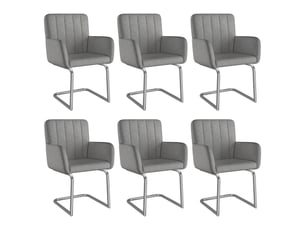Lot de 6 chaises de salle à manger grises en polyuréthane avec accoudoirs, pieds métal luge et dossier rainuré