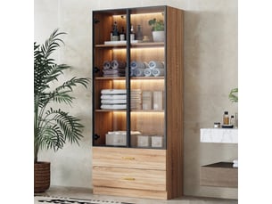 Meuble de salle de bain de 75 cm avec bande lumineuse, 2 grands tiroirs, 2 portes et porte vitrée