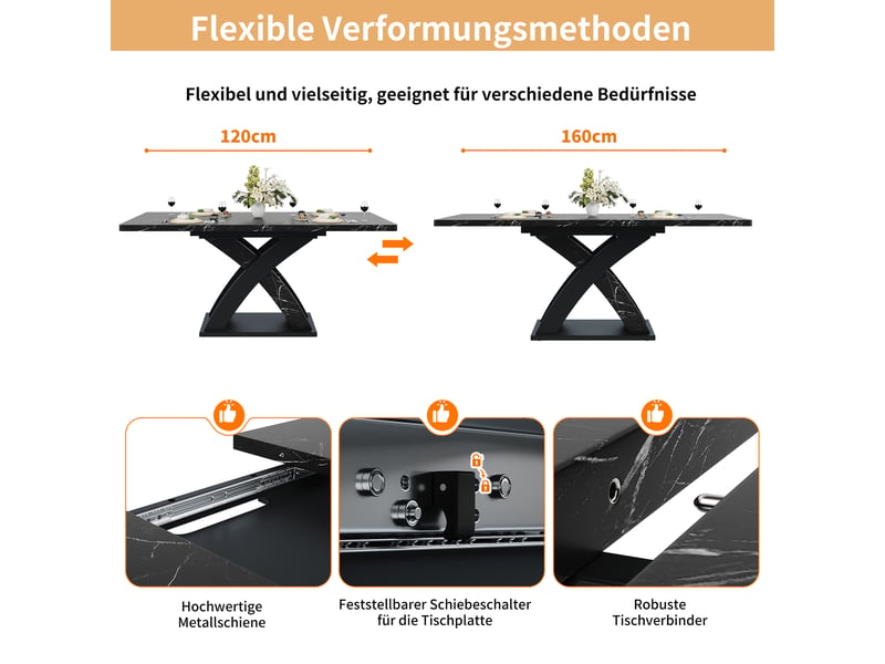  Table extensible pour 6 personnes avec plateau coulissant et piètement en x à pieds réglables en mdf et métal noir  - Conforama E